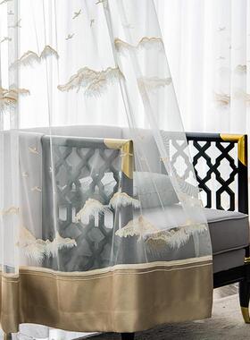 热销ce2q窗纱新中式山水别墅窗帘墨绿色客厅绣花纱帘古典透光透气