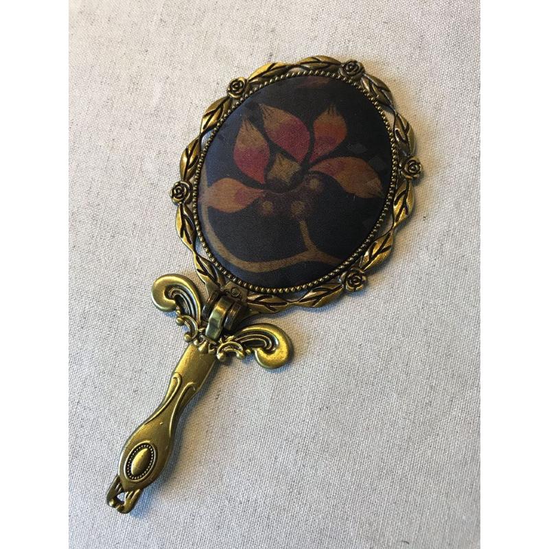 手持带镜子柄香云纱手工布艺便携桌面可立中式复古折叠随身小镜子