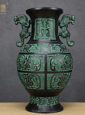 热销青铜花瓶摆件双龙双凤插花古玩龙瓶花瓶圆瓶客厅家居装饰工艺