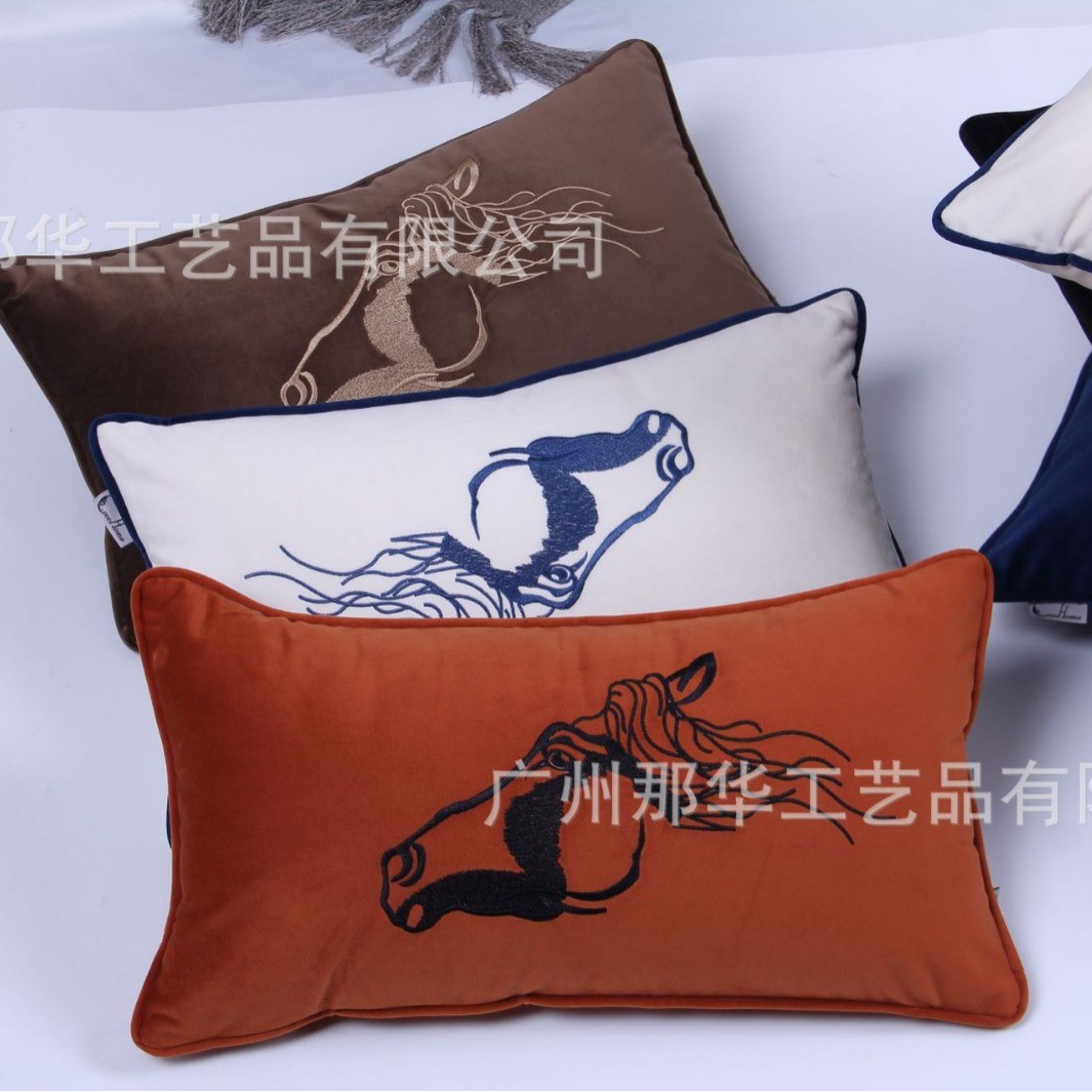热销现代新中式刺绣抱枕套动物马腰枕软装靠垫样板间售楼部客厅沙