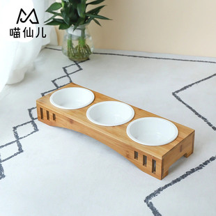 喵仙儿狗碗实木餐桌猫用品陶瓷碗猫餐桌猫碗宠物宠物店批发