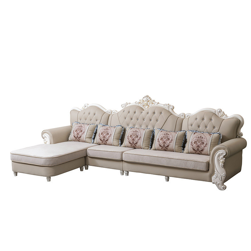 全实木小户型布艺沙发组合客厅布艺欧式简欧转角蓝色欧美贵妃风格