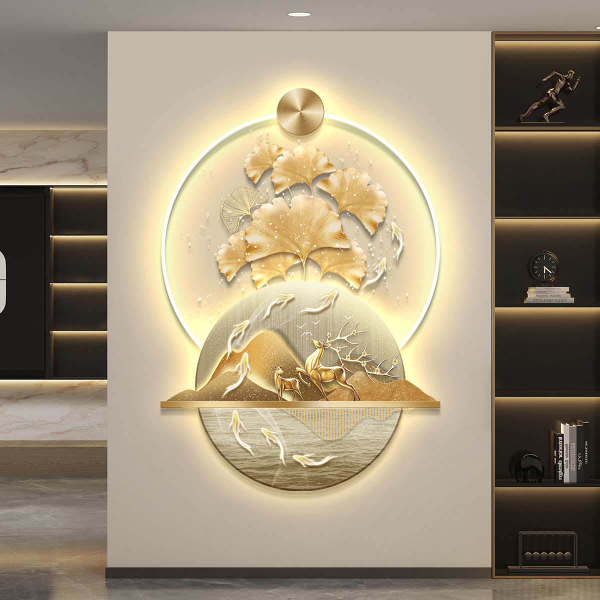 轻奢led带灯走廊入户玄关装饰画过道挂画壁画简约现代高级感杏叶