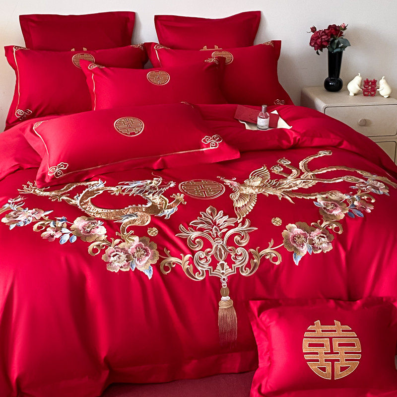 高档中式结婚四件套红色纯棉龙凤被套高级感喜庆陪嫁婚庆床上用品,床上用品,婚庆床品套件,淘宝优惠券,粉丝福利购,淘宝优惠卷