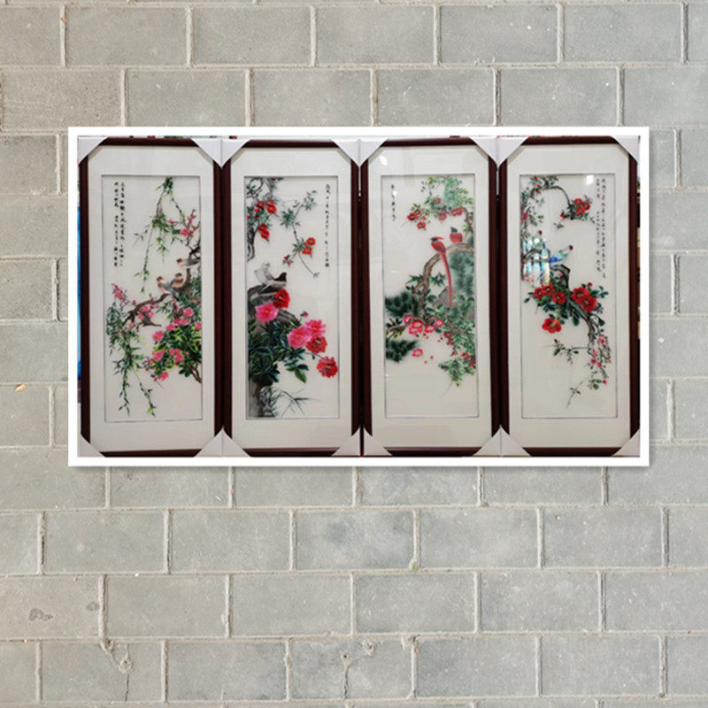 苏绣机绣装饰画成品厂家直销手工绣加工定制春夏秋冬四条屏挂画