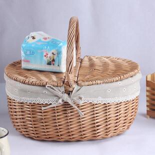 26x8非藤编藤条竹编草编田园柳编，风编织带盖野餐篮天然柳条椭圆