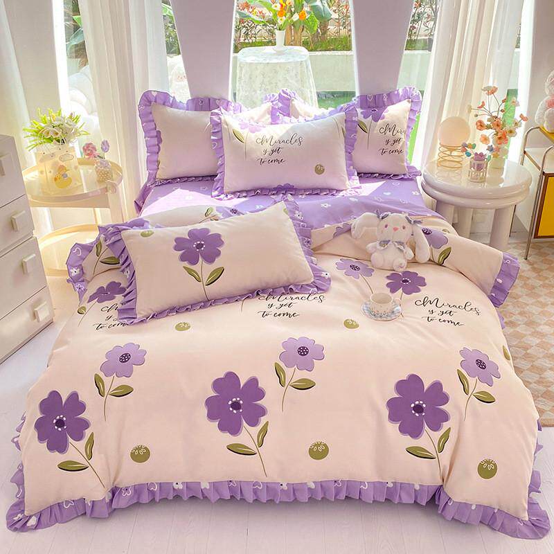 韩式肤小清新四件套床裙款水洗棉加厚磨毛亲花边公主风床裙四件套