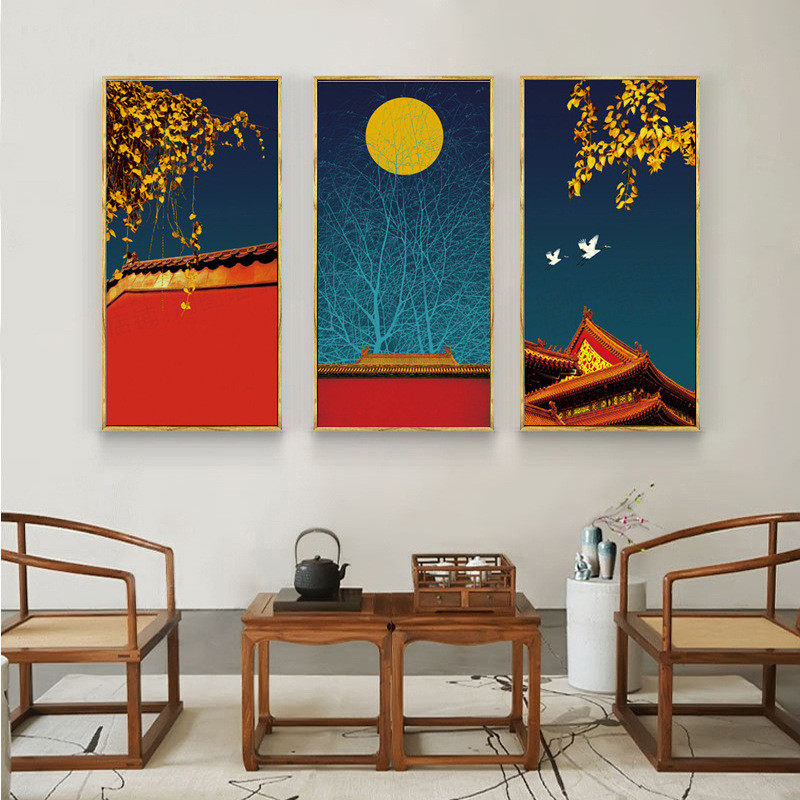 新中式禅意客厅装饰画走廊竖玄关挂画过道古典中国风微派建筑壁画