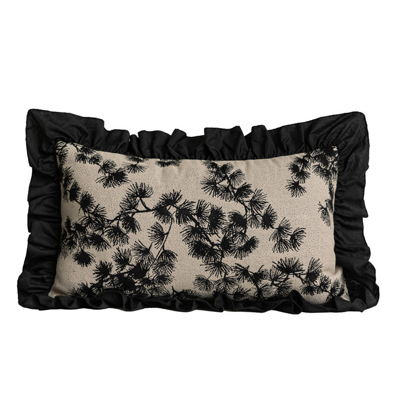现代中古风黑咖色木耳边抱枕沙发客厅腰枕新中式样板房靠枕套法式