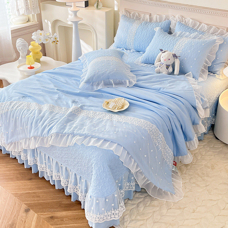 韩版水洗棉床盖款蕾丝花边四件套绣花被套床裙四件套床上用品批发