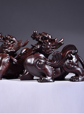 红色木雕摆件貔貅摆件一对家居实木电视柜装饰工艺品开业乔迁送礼