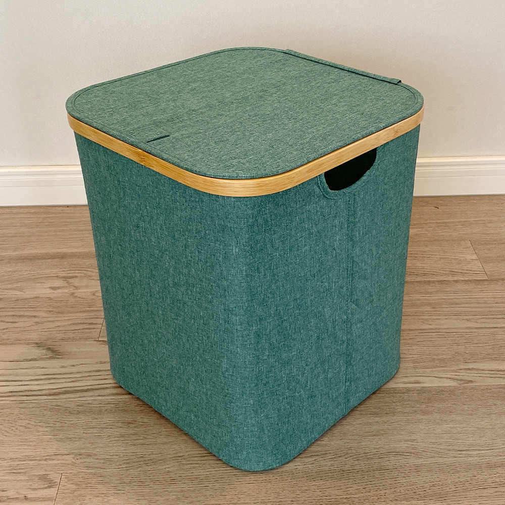 现货楠竹方形布艺带盖客厅卧室折叠杂物收纳篮收纳筐洗衣脏衣篮