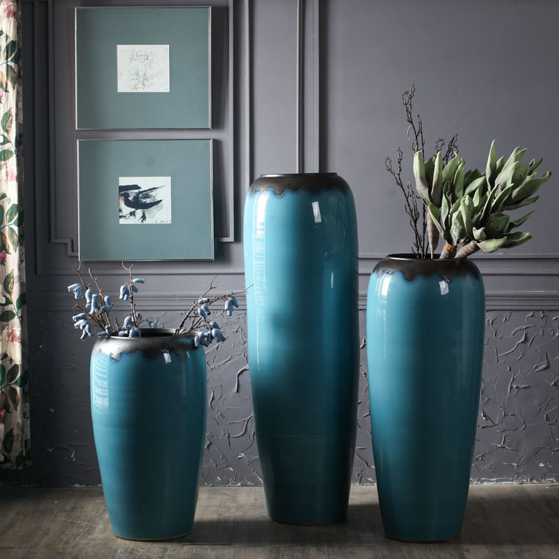 地中海陶罐蓝色复古落地大花瓶干支时尚酒店会所别墅摆件软装饰品