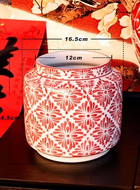 高货青花瓷红色中古高级感侘寂风复古摆件陶瓷花瓶中式新年插花瓶