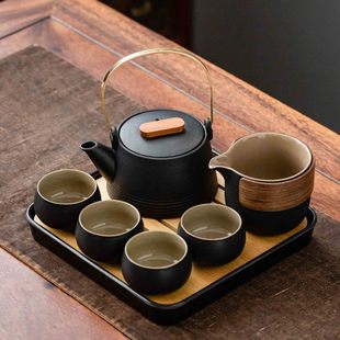 黑陶旅行茶具套装 日式 一壶四杯干泡茶盘提梁壶家用便携户外泡茶壶