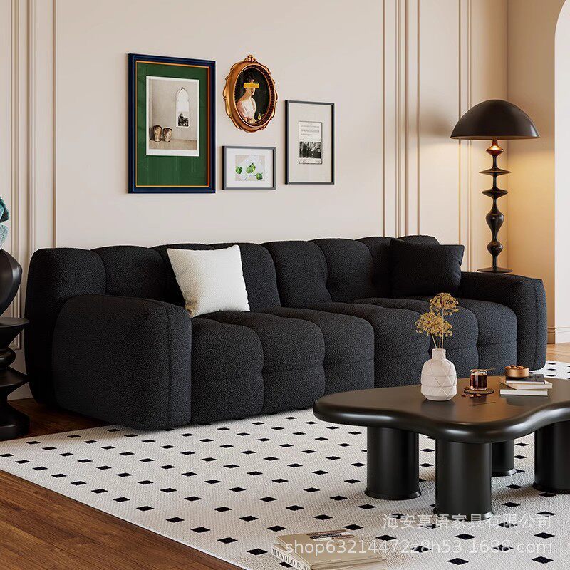 北欧简约极简黑色棉花糖沙发欧复古设计师复古羊羔毛沙发组合
