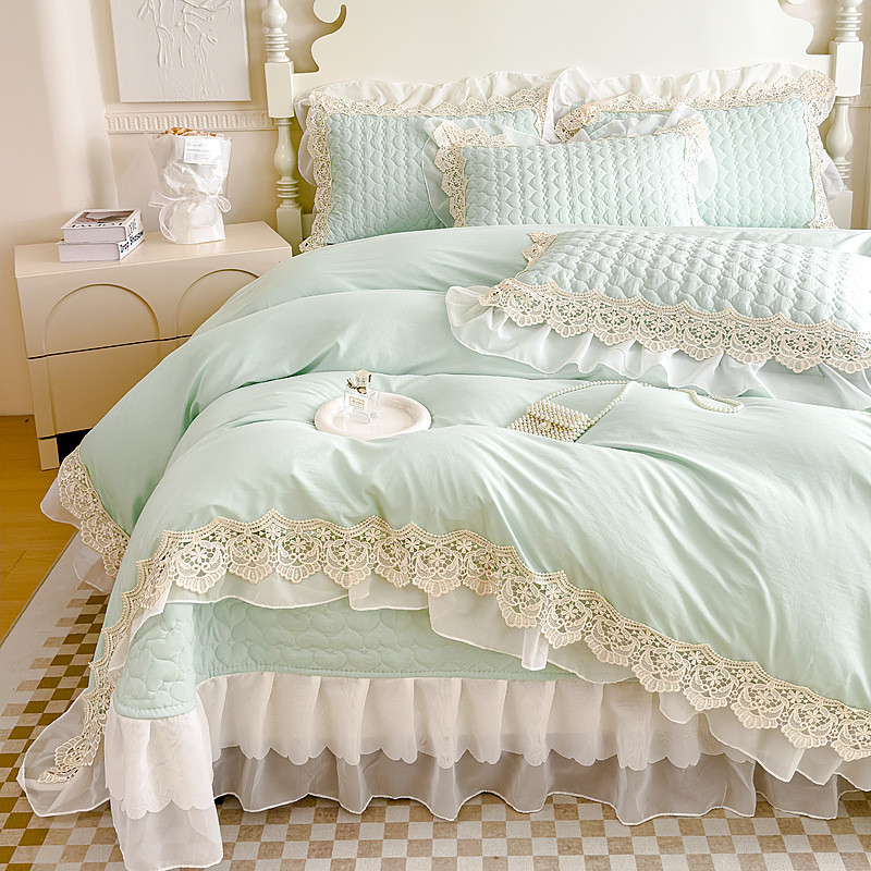 夏被纯色花边床盖三件套批发韩版加厚床裙棉床罩榻榻米夹款床护垫