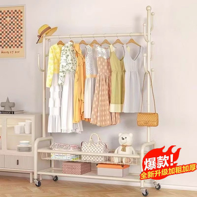简易衣帽架卧室落地挂衣架可移动家用收纳筐客厅衣服架子晾衣架
