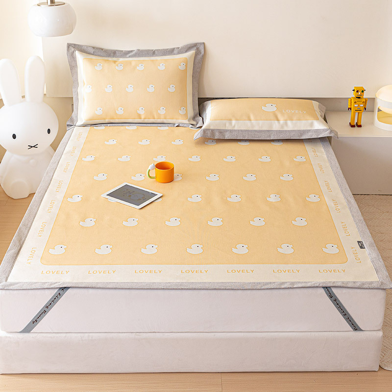 夏季可爱卡通冰丝凉席三件套风床席床笠款儿童可水洗可折叠空调席