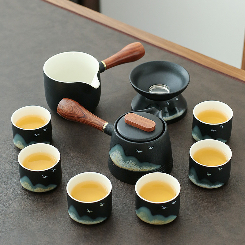 功夫茶具套装黑陶家用客厅简约现代复古风泡茶杯陶瓷整套盖碗中式