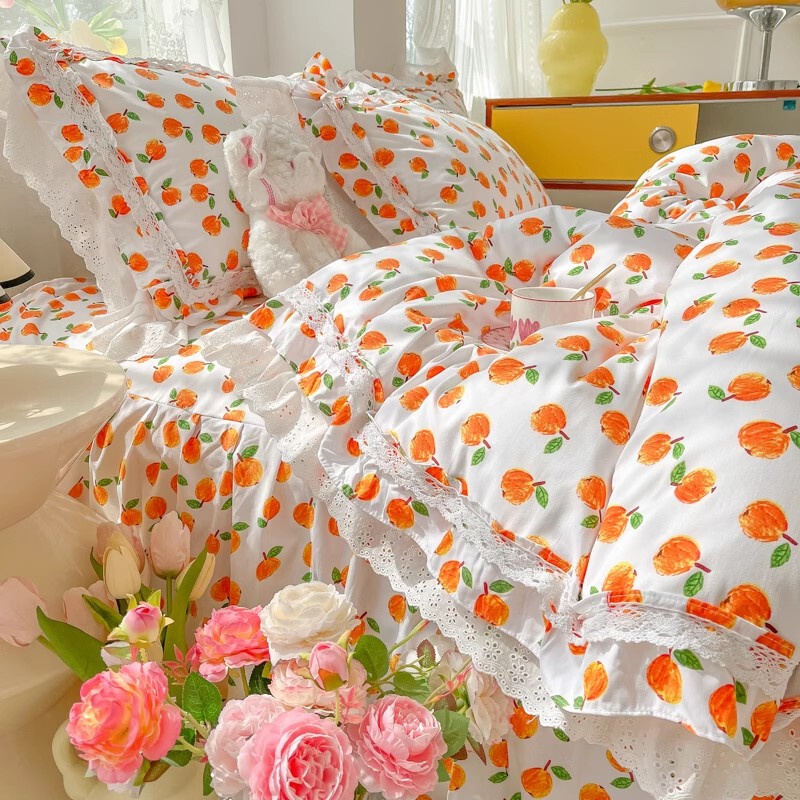 7wlo全小碎花清新水洗棉床裙床罩款少女心蕾丝被套床上四件套床品