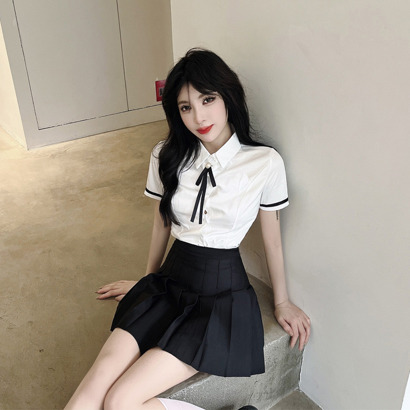轻奢高货酒吧夜场工作制服学院风女短袖白衬衫百褶裙套装会所沐足