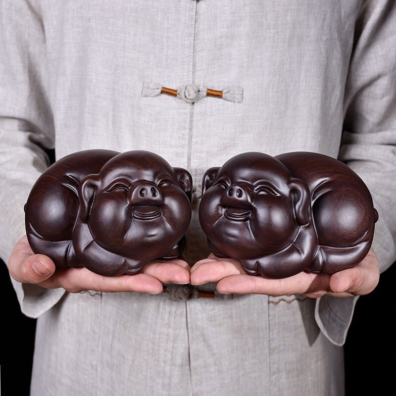 黑檀木雕猪客厅摆件福气猪十二生肖特色白皮猪实木质/根刻工艺