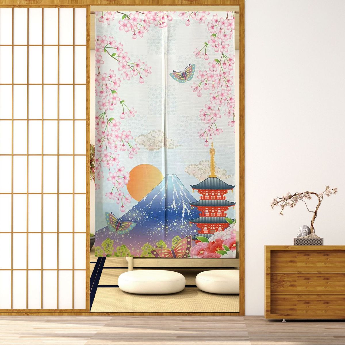 厨帘门帘量布艺富士山热转移印厂家直销花日式大从优伸缩杆免打