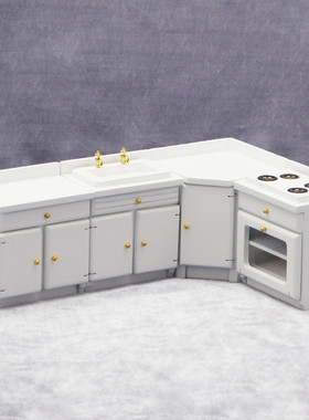 热销1:12娃娃屋dollhouse迷你家具四件套场景白色厨房橱柜家具微