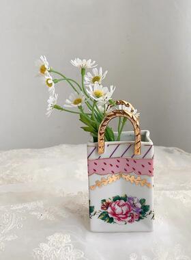 7yx美复古宫廷桌面花卉小提包造型描金风叉勺收纳小花篮