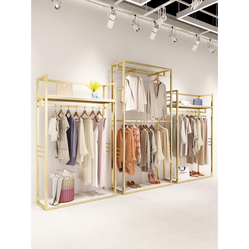 服装店展示架落地式女装纳米金色陈列货架双层高柜挂衣架子