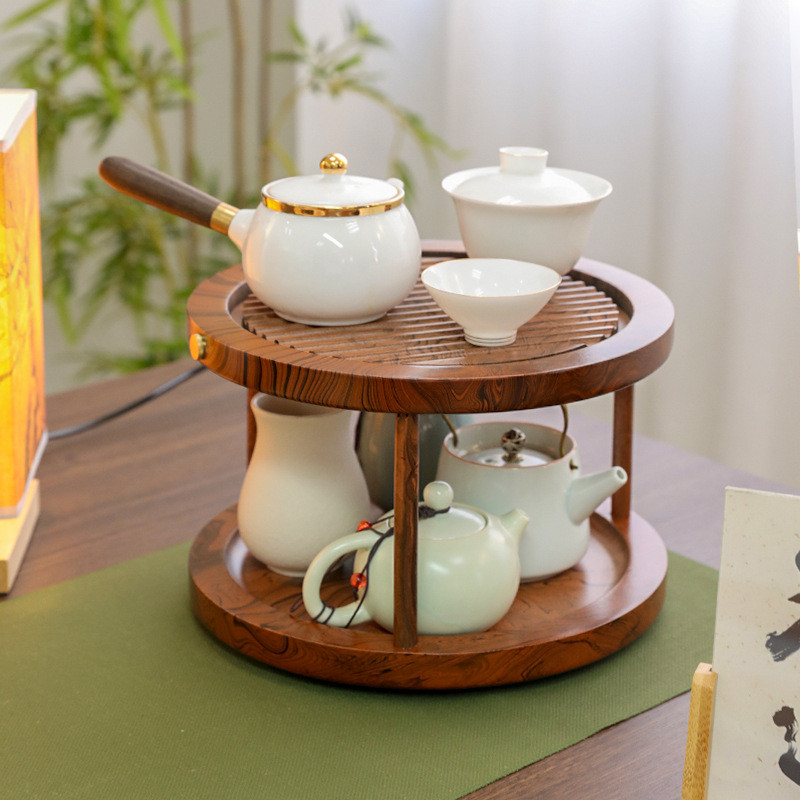 楠竹双层可旋转盘干泡台胡桃木色泡茶台