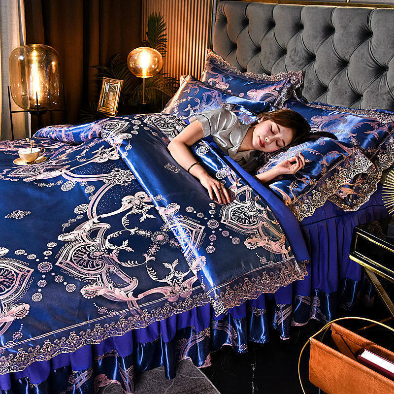 欧式床裙款四件套贡缎提花单双蕾丝边人家用网红被套被罩床上用品,床上用品,床品套件/四件套/多件套,淘宝优惠券,粉丝福利购,淘宝优惠卷