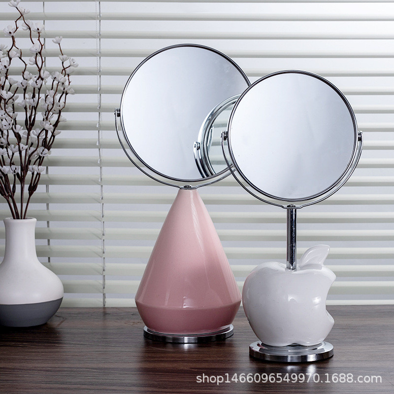 创意陶瓷台式化妆镜镜子不锈钢新中式洒店家居摆件梳妆镜
