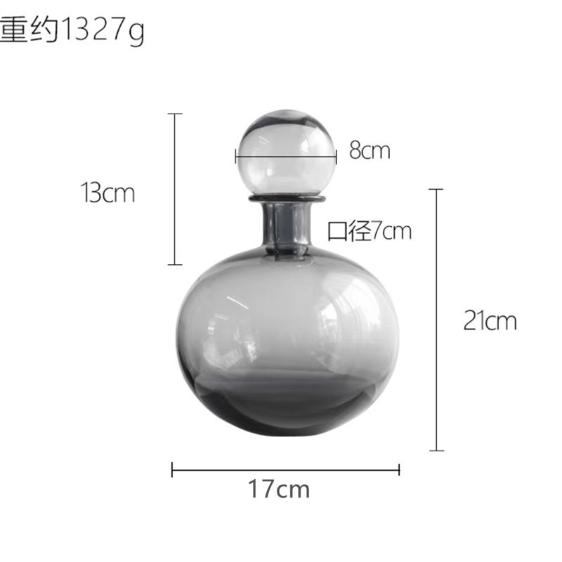 北欧轻奢几何创意玻璃花瓶灰色样板间带盖小口软装圆球摆件饰品花