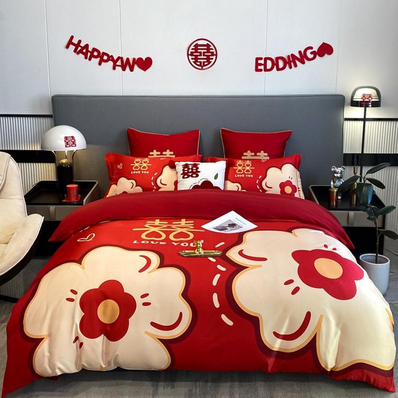 结婚床上用品四件套婚房红色婚庆喜被床单被套被单婚礼大红色新婚