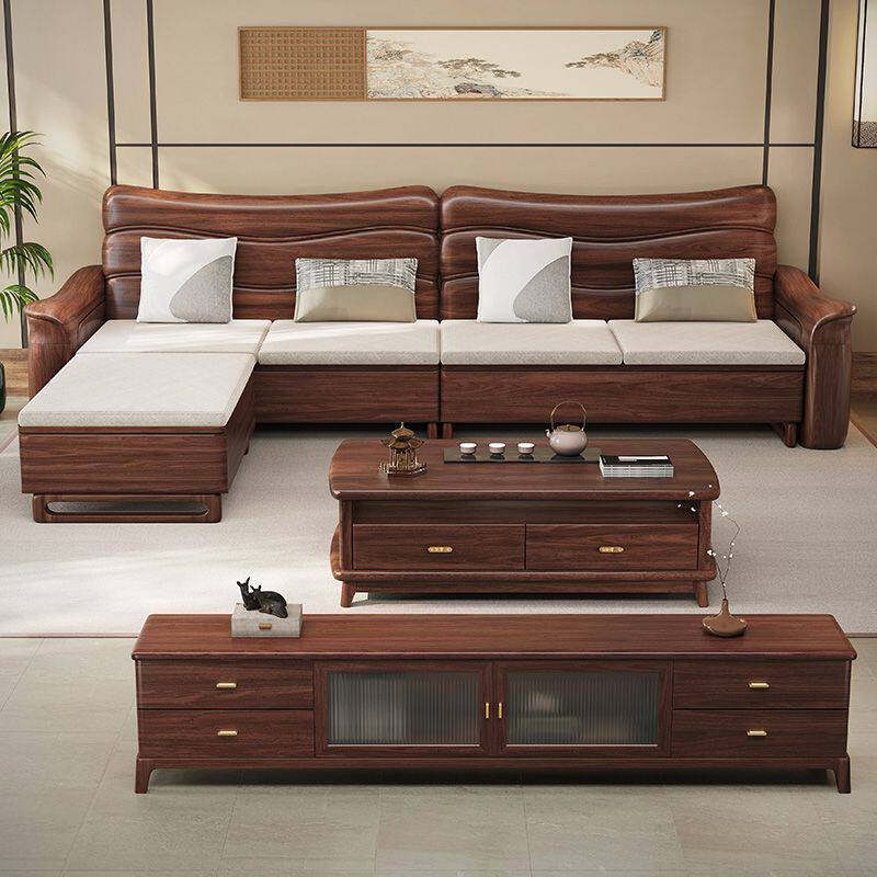 新中式黑胡桃木全实木沙发客厅组合储物复古大小户型多功能中式