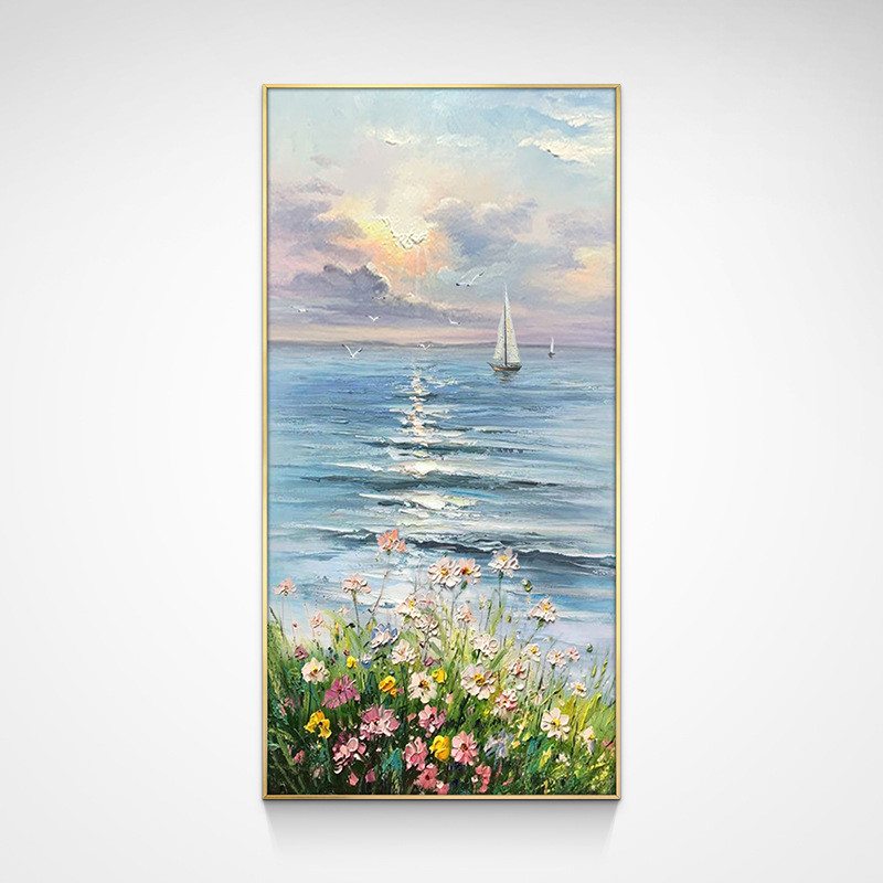 手绘油画进门入户玄关装饰画现代简约花卉客厅走廊挂画竖版风景画图片