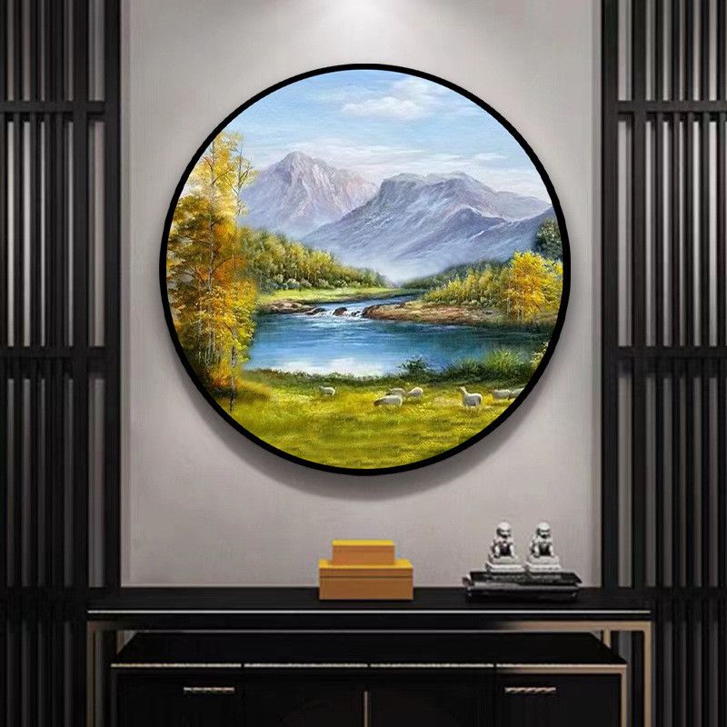 定制手绘油画风景餐厅装饰画绵羊赏秋客厅玄关挂画圆形艺术画厂家图片