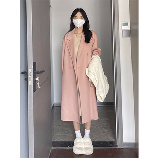 新品 羊毛呢 粉色双面羊绒大衣女秋冬季 高级感气质宽松小个子中长款
