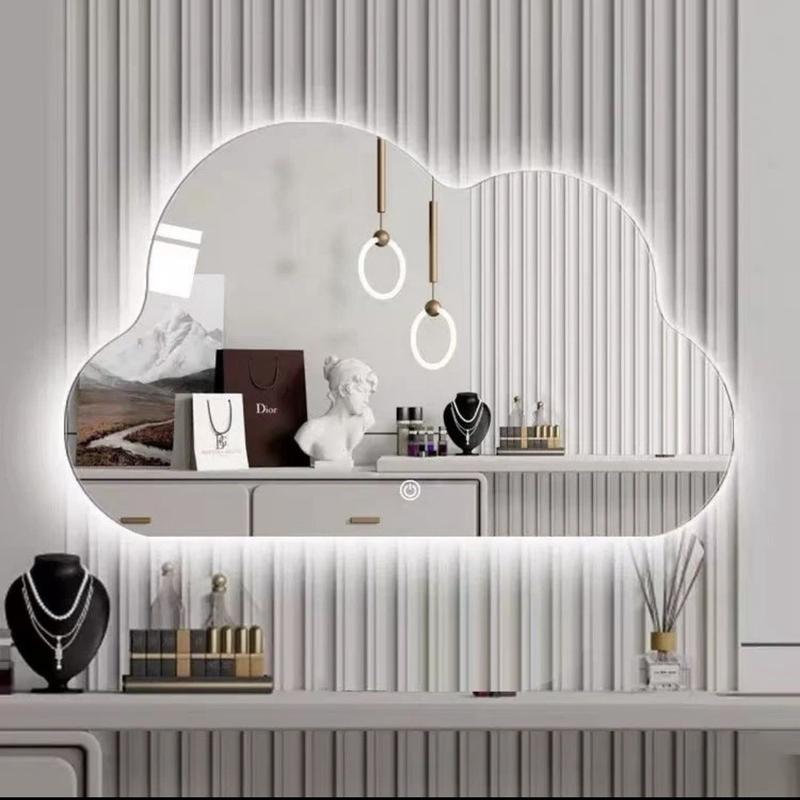 梳妆镜化妆镜台式led灯镜子梳妆台智能轻奢三色灯镜带灯云朵