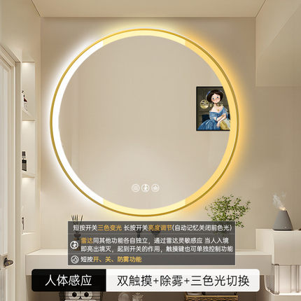 圆形涵珍智能镜子led带灯酒店公寓专用铝合金黑边框镜子浴室镜ins