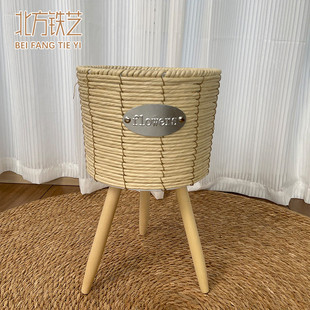 北欧风草编花盆木质落地绿萝花盆客厅摆件编织大花篮花架阳台藤编