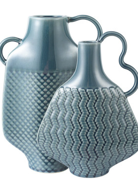 陶瓷耳插花瓶单双高级感中古复古房间轻奢摆件水培装饰花瓶高颜值