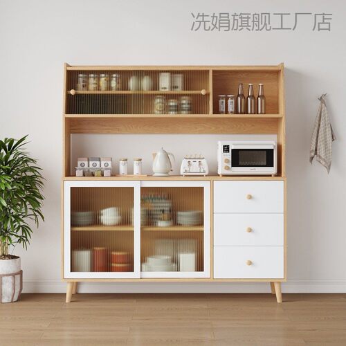 热销全实木橡胶橱柜靠墙餐厅现代简约储物碗柜茶水柜一体餐边柜酒