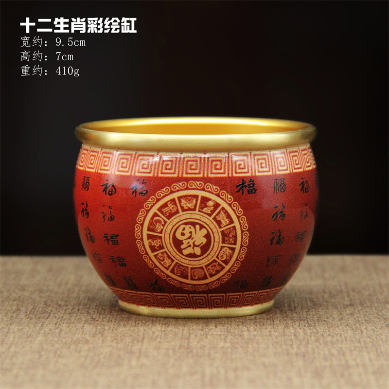 彩绘铜缸招财进宝貔貅聚宝盆金蟾器家居玄关摆件装饰黄铜底工艺品