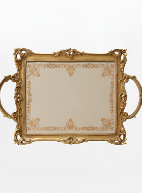 9cq6中古轻奢法式装饰雕花托盘卧室客厅餐厅金色盘子宫廷复古拍