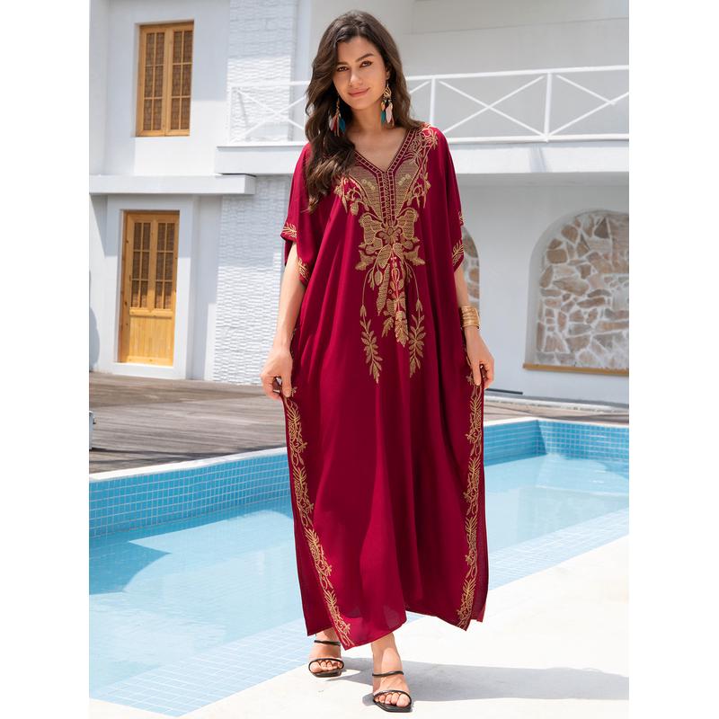 金色罩衫人棉沙滩绣花度假长袍（3色）l4043l