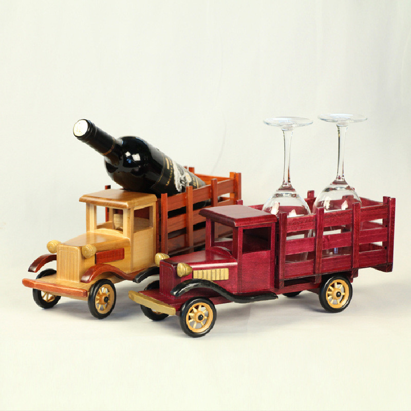 实木架子葡萄酒架红酒卡车模型高脚杯架家居装饰摆件