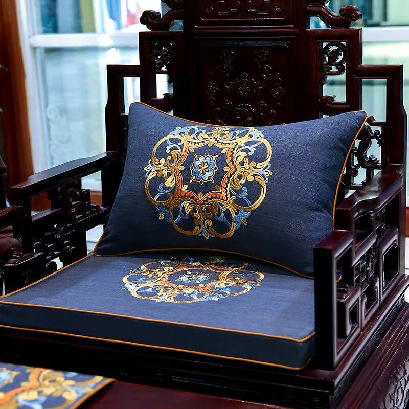 红木沙发坐垫中式刺绣棉麻实木家具椅垫罗汉床五件套防滑海绵座垫